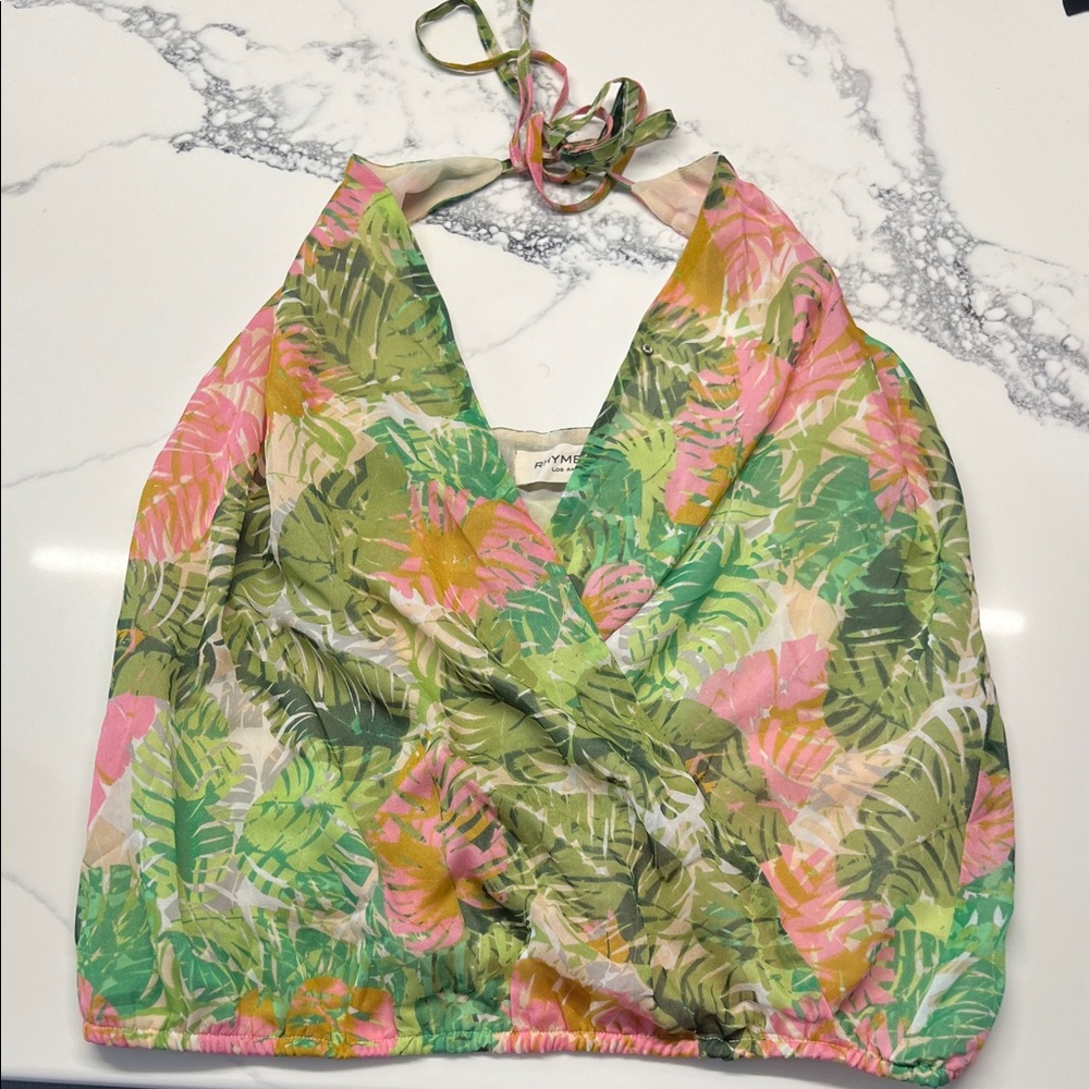 Vibrant Leaf Print Halter Crop Top